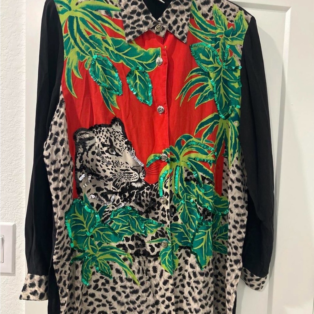 Diane Gilman Red, Green & Black Leopard Jungle Print Blouse